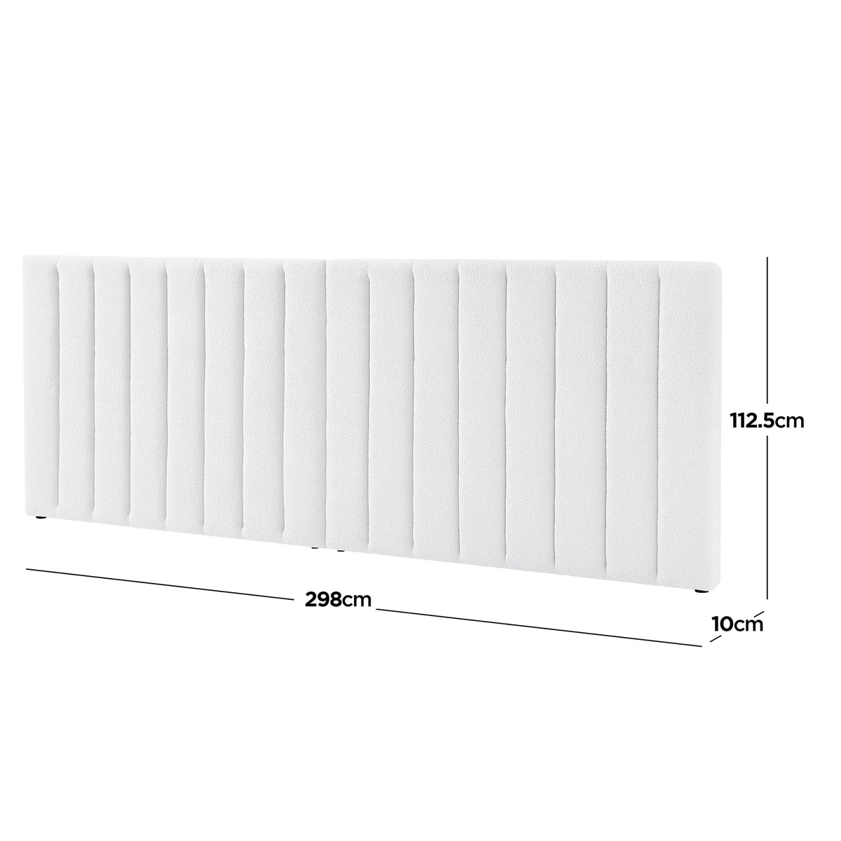 Aquila & Fabia Bed Package - Cream White King features an extra-wide, vertically channel-stitched headboard in soft boucle fabric, measuring 298 cm wide and 112.5 cm tall, ideal for luxury bedrooms.