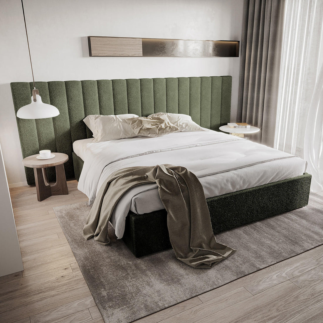 Aquila King Extra Wide Headboard & Fabia Gas-lift Storage Bed Base Set in Green, featuring a moss green upholstered headboard with vertical tufting and a sleek platform bed in a serene, modern bedroom setting.