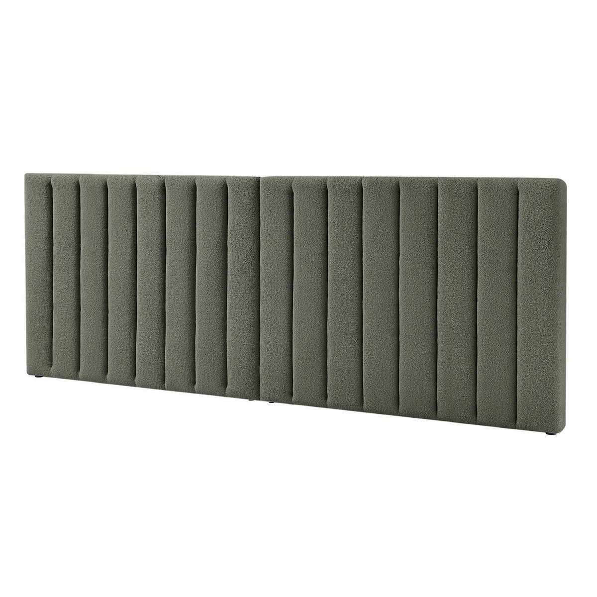 Aquila King Extra Wide Headboard & Fabia Gas-lift Storage Bed Base Set in Green features a long, olive-green, upholstered panel with vertical channel tufting, ideal as a sophisticated bedroom centerpiece.