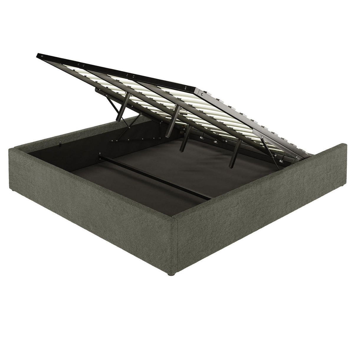 Aquila King Extra Wide Headboard & Fabia Gas-lift Storage Bed Base in Green; upholstered platform bed with hinged, gas-lift slatted base, revealing spacious under-bed storage, showcasing luxury and practicality.