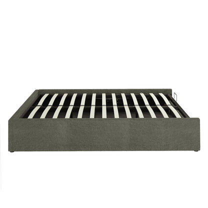 Aquila King Extra Wide Headboard & Fabia Gas-lift Storage Bed Base Set in Green features a low-profile grey-heather upholstered platform with clean-lined rails and slats, offering sleek aesthetics and hidden storage.