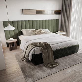 Aquila King Extra Wide Bouclé Headboard in Green features a vertically channel-stitched design, deep green bouclé fabric, and stands as a sophisticated focal point in a minimalist bedroom with soft neutrals.