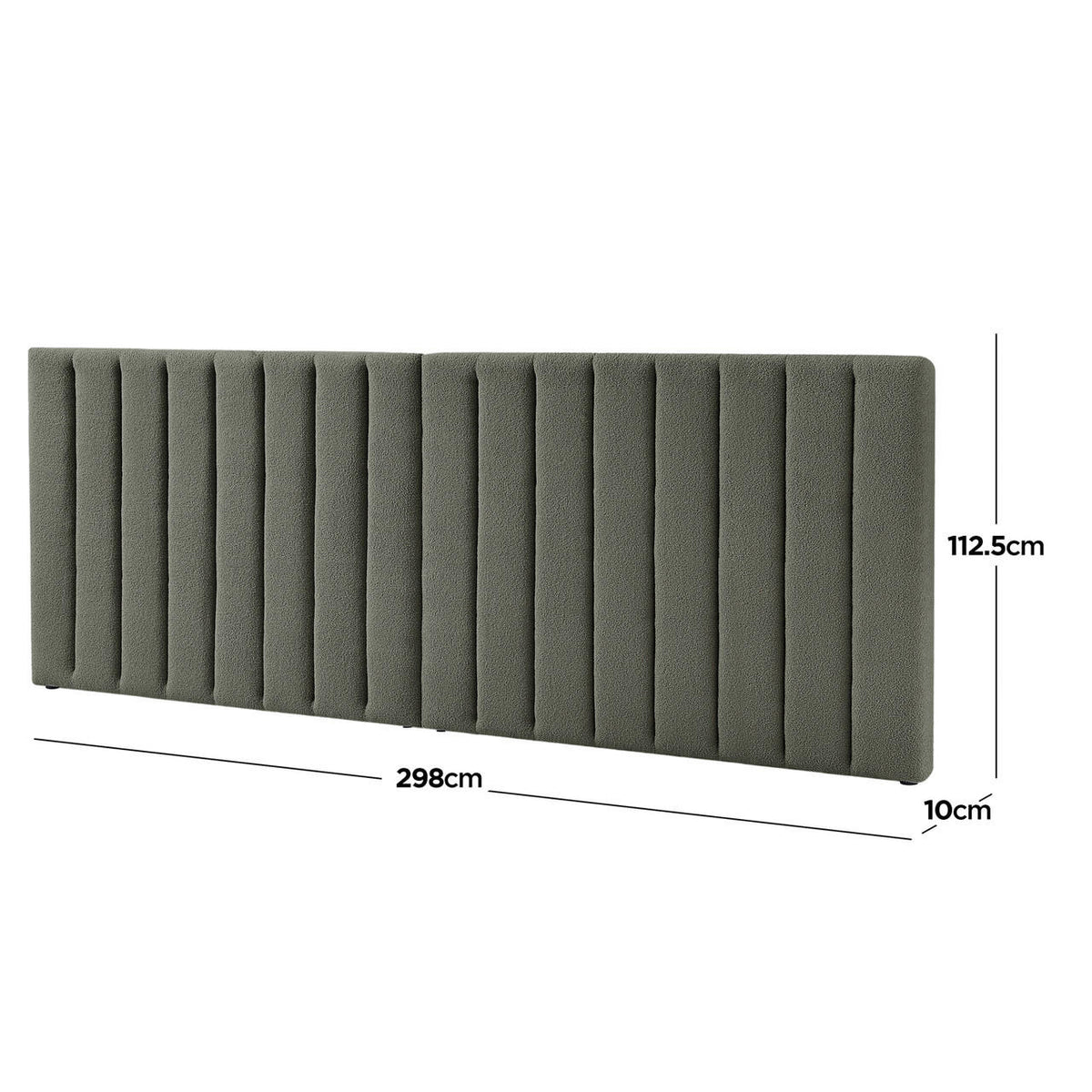 Aquila King Extra Wide Bouclé Headboard in Green, featuring vertical channeling, measures 298cm wide, 112.5cm tall, 10cm thick. Upholstered in textured bouclé fabric, offering a luxurious, plush backdrop.
