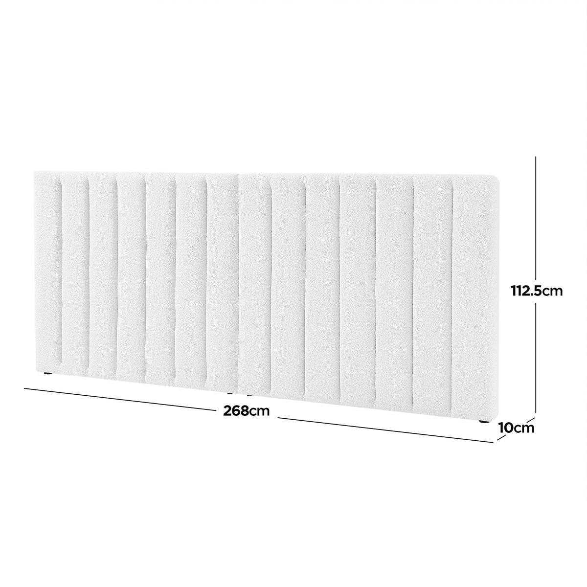 Aquila & Fabia Bed Package - Cream White Queen: Freestanding headboard in soft cream fabric with vertical tufting, dimensions 268cm wide, 112.5cm high, 10cm thick, complementing a luxurious storage bed base.