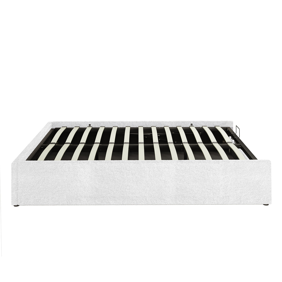 Aquila & Fabia Bed Package - Cream White Queen; showcases an upholstered platform bed frame with wooden slat support and metal perimeter, offering a low-profile, fabric-wrapped foundation for mattress placement.