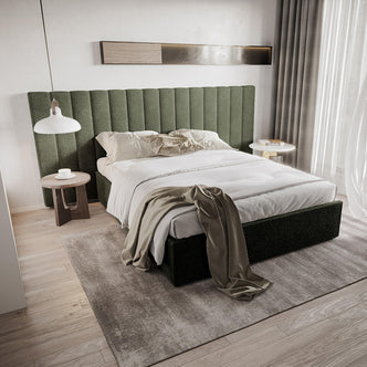 Aquila Queen Boucle Headboard & Fabia Storage Bed Base Set in Green features a tall, channel-stitched headboard with white bedding and a sage throw, complemented by a floating shelf and elegant bedside tables.
