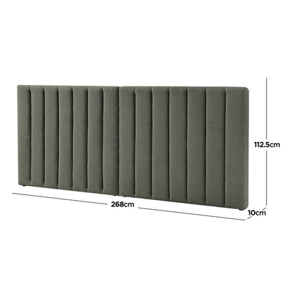 Aquila Queen Boucle Headboard & Fabia Storage Bed Base Set in Green, showcasing a wide, channel-tufted headboard in bouclé fabric, designed for style and practicality with hidden storage beneath.