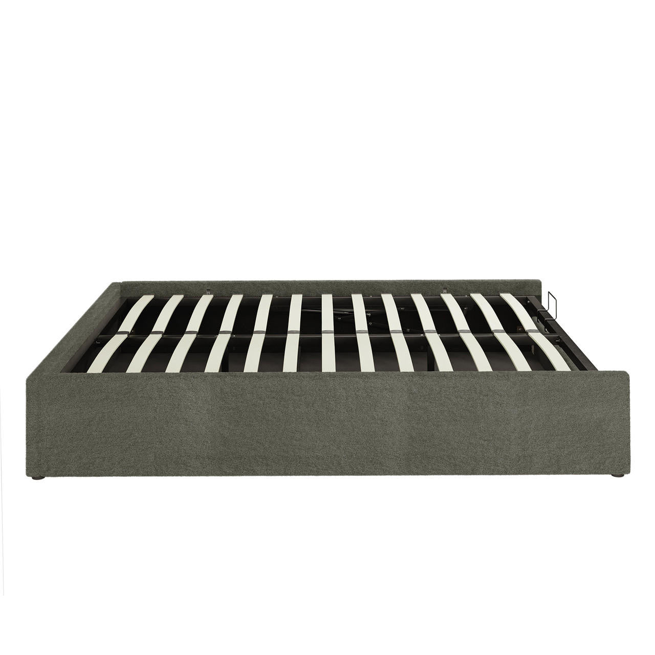 Aquila Queen Boucle Headboard & Fabia Storage Bed Base Set in Green, showcasing a gray, upholstered platform-style bed frame with wooden slats, designed for mattress support without a traditional box spring.