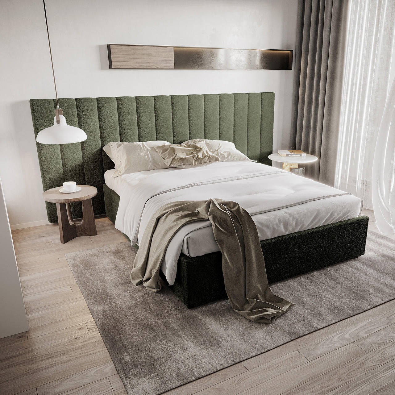 Aquila Queen Extra Wide Bouclé Headboard in Green, featuring a vertically stitched tall headboard, upholstered in textured fabric, complements off-white linens and taupe throw on a low-profile bed.