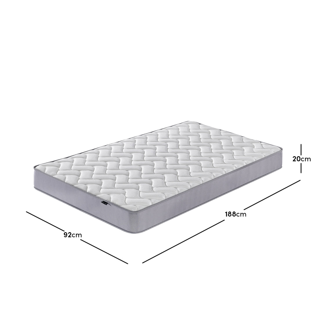 Harel & Vesta Slide Bunk Bed & Vesta Mattress Set in Natural features a white quilted, wave-stitched, single-size mattress with light gray sides, measuring 92x188x20cm, displayed on a white background.
