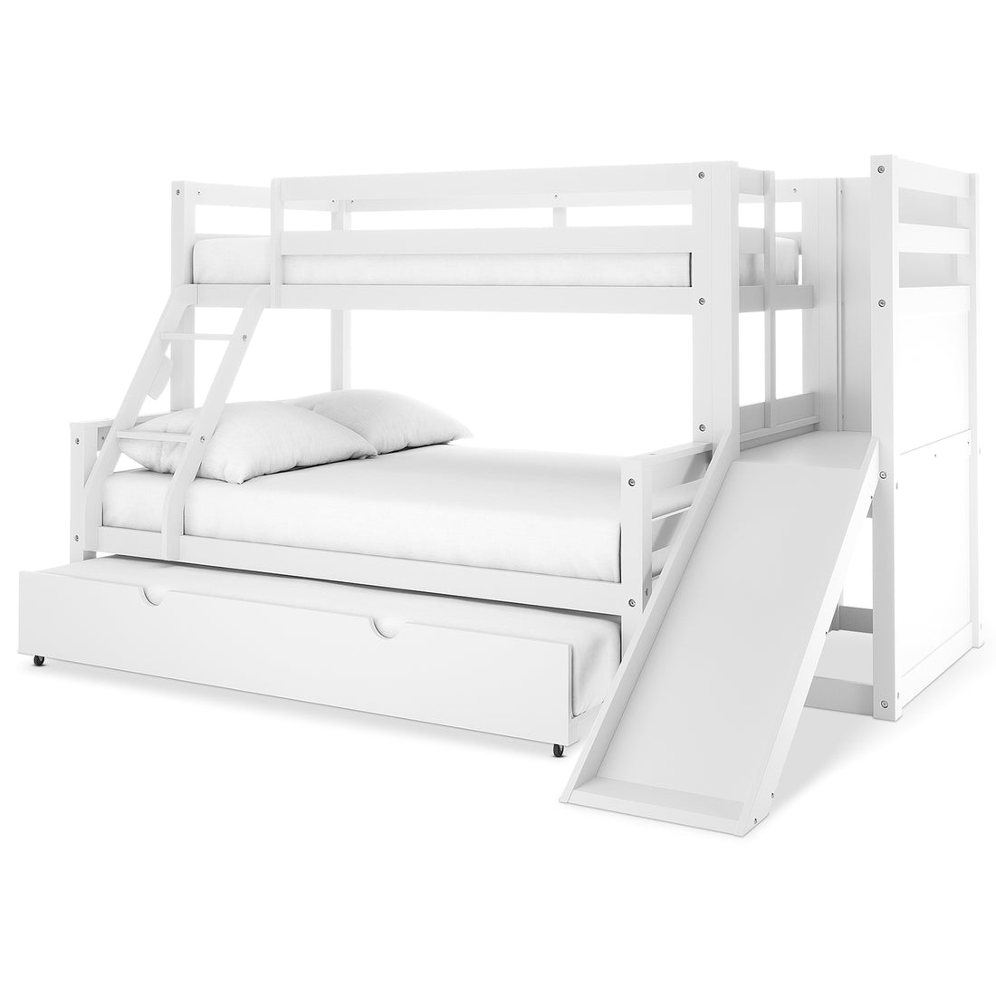 Harel Triple Bunk Bed with Slide & Trundle features a white wooden design with a top bunk, full-size lower bed, slide, safety rails, ladder, and pull-out trundle, offering space-saving functionality and playful elements.