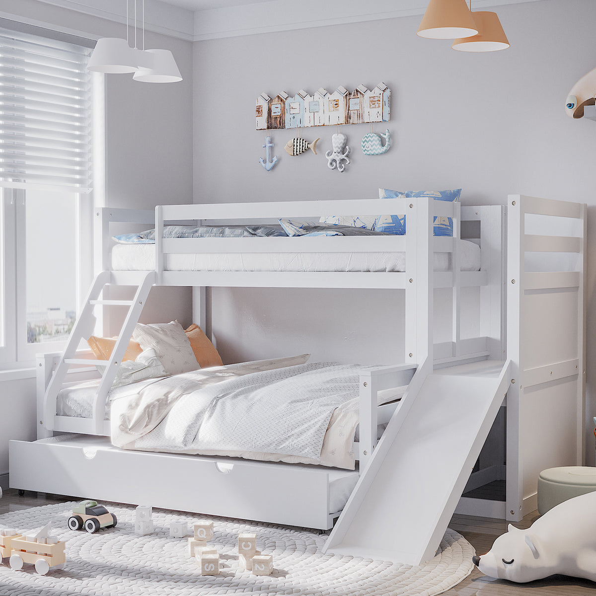 Harel Triple Bunk Bed with Slide & Trundle in Natural & White, featuring a slide, ladder, and pull-out trundle, set in a children’s room with coastal decor and wooden toys.