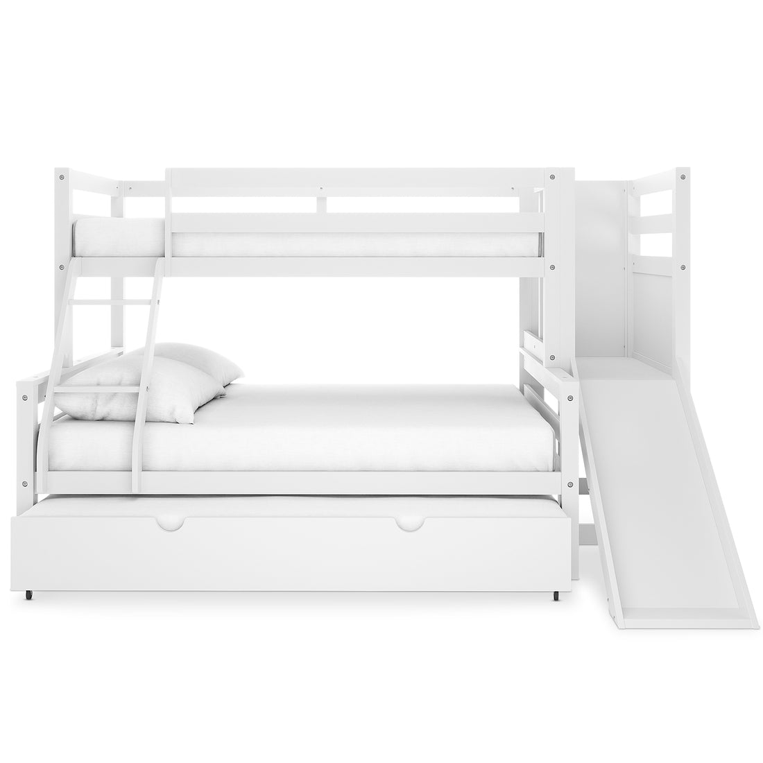 Harel Triple Bunk Bed with Slide & Trundle in Natural & White features a twin upper bunk with guardrails, a full lower bunk, a trundle drawer, a left-side ladder, and a right-side slide.