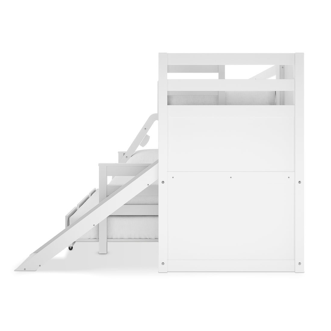 Harel Triple Bunk Bed with Slide & Trundle showcases a loft-style design with a top bunk, safety rails, a slide, and a lower seating area, perfect for space-saving and fun.