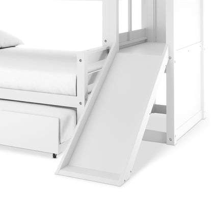 Harel Triple Bunk Bed with Slide & Trundle in Natural & White featuring a built-in slide from the top bunk, visible top mattress edge, and a pull-out trundle or storage drawer below.