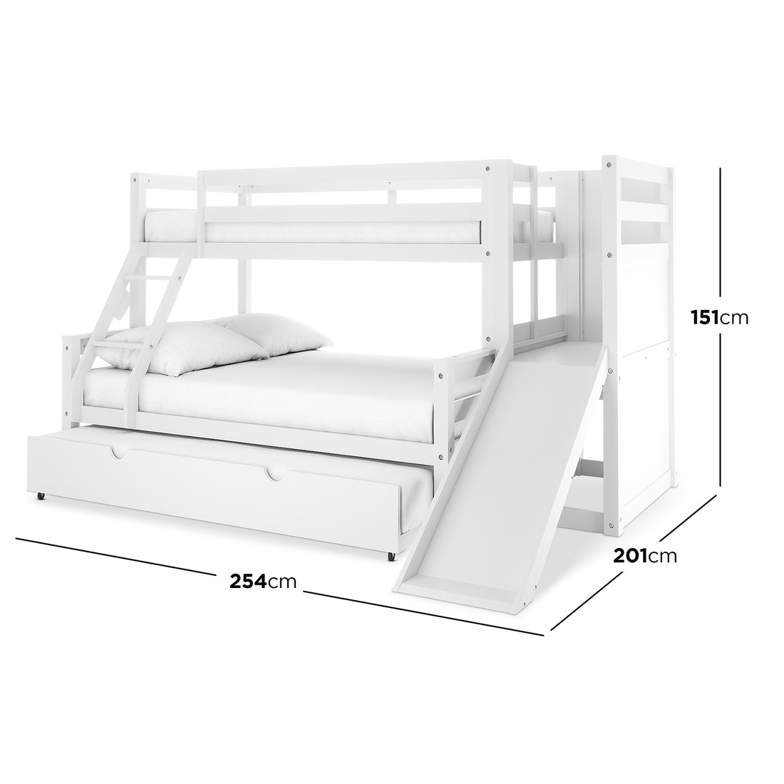 Harel Triple Bunk Bed with Slide & Trundle in Natural & White: features a top bunk with guardrails, middle bed platform, pull-out trundle, slide on right, and ladder on left/front.