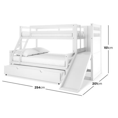 Harel Triple Bunk Bed with Slide & Trundle in Natural & White: features a top bunk with guardrails, middle bed platform, pull-out trundle, slide on right, and ladder on left/front.