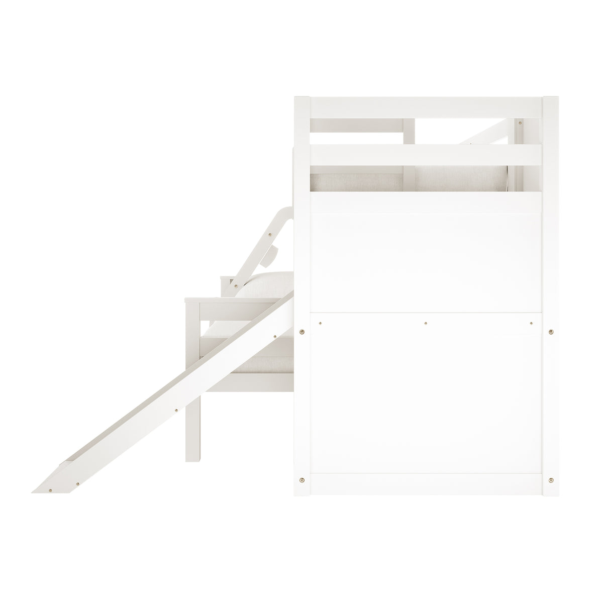 Harel Solid Pine Wood Triple Bunk Bed with Slide in White, featuring a loft-style design with guardrails, ladder, and slide, plus a play area underneath, ideal for adventurous children's rooms.