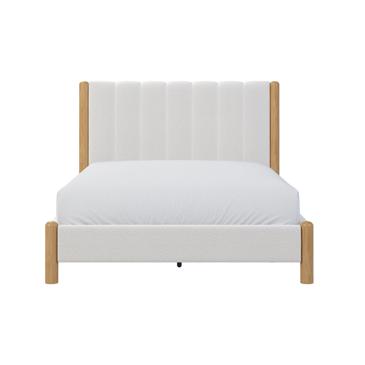 Close-up view of the Harper Boucle Double Bed Frame – Eggshell White, showcasing its premium boucle fabric upholstery and timber accents, highlighting the modern and cozy design elements of the headboard.