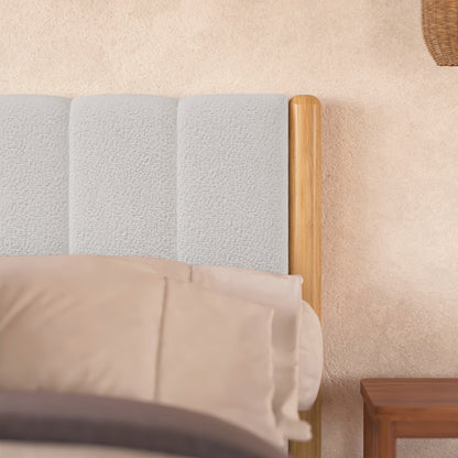 Harper Boucle Double Bed Frame in Eggshell White, featuring a plush boucle-upholstered headboard and sturdy eucalyptus hardwood frame with rubber wood legs, highlighted by minimalist timber accents for a modern, cozy look.