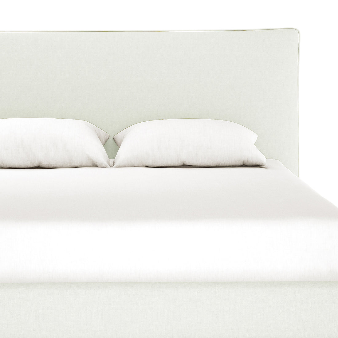 Havvan Double Linen Upholstered Fabric Bed Frame - Off White featuring a simple upholstered headboard, two white pillows, and a smooth white duvet, showcasing elegant off-white linen and plush foam-padded support.