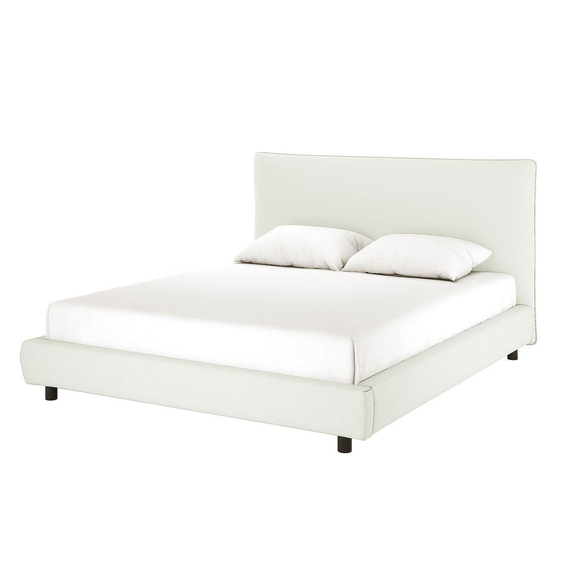 Havvan King Linen Upholstered Fabric Bed Frame - Off White, featuring a low-profile design with a matching headboard, dressed with a simple white mattress and two white pillows for a modern look.