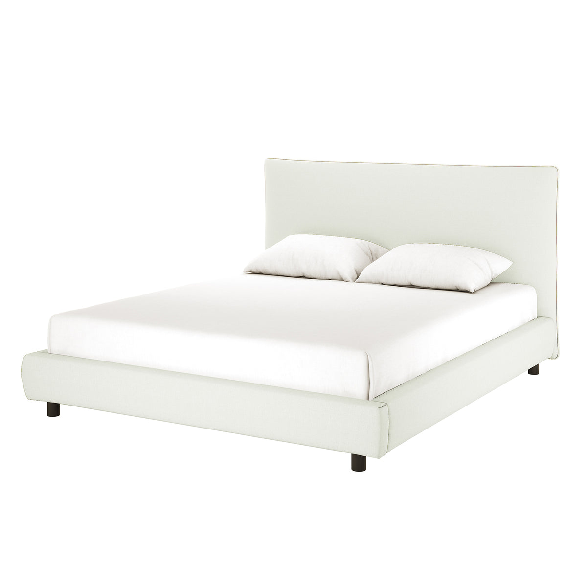 Havvan King Linen Upholstered Fabric Bed Frame - Off White, featuring a low-profile design with a matching headboard, dressed with a simple white mattress and two white pillows for a modern look.