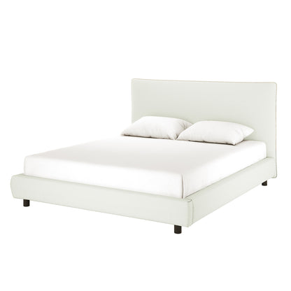 Havvan King Linen Upholstered Fabric Bed Frame - Off White, featuring a low-profile design with a matching headboard, dressed with a simple white mattress and two white pillows for a modern look.