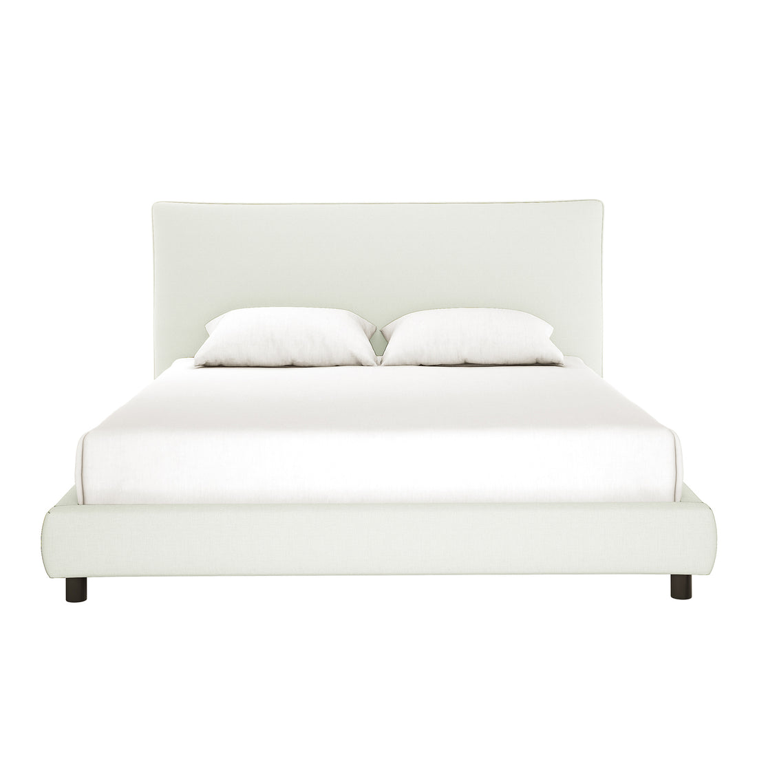 Havvan King Linen Upholstered Fabric Bed Frame in off-white, showcasing a tall, curved headboard and matching footboard. Features plush padding and elegant flange-edge detailing, set against a simple backdrop.