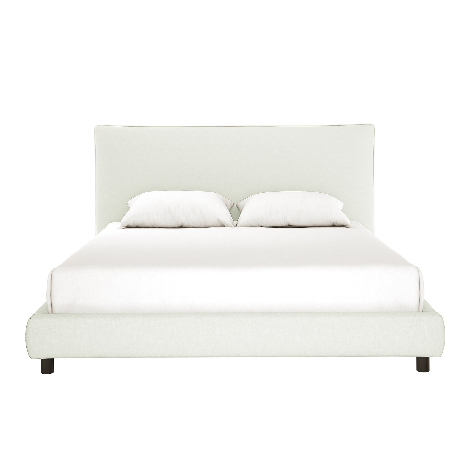 Havvan King Linen Upholstered Fabric Bed Frame in off-white, showcasing a tall, curved headboard and matching footboard. Features plush padding and elegant flange-edge detailing, set against a simple backdrop.