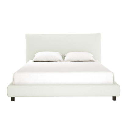 Havvan King Linen Upholstered Fabric Bed Frame in off-white, showcasing a tall, curved headboard and matching footboard. Features plush padding and elegant flange-edge detailing, set against a simple backdrop.