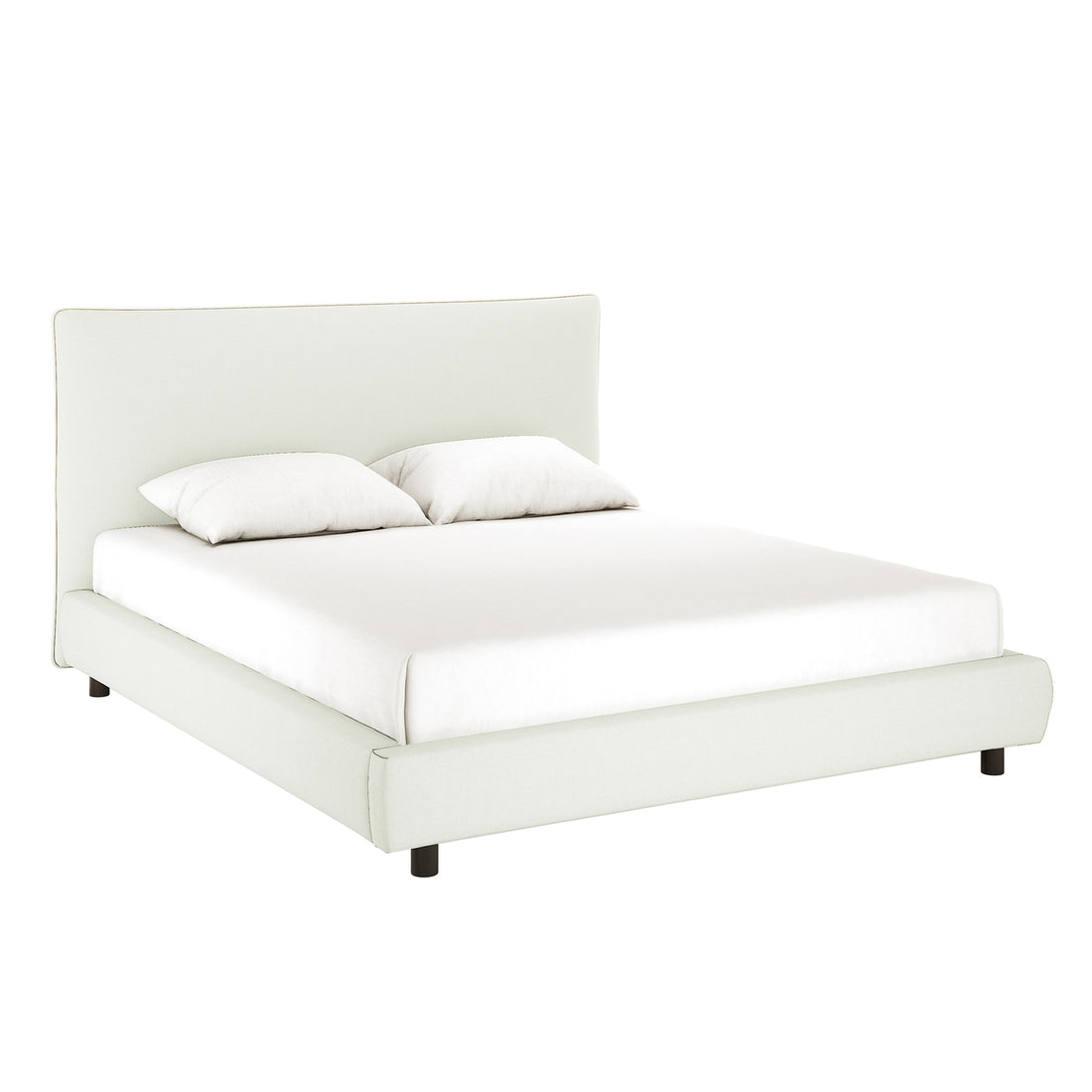 Havvan King Linen Upholstered Fabric Bed Frame - Off White, featuring a low-profile design with matching headboard, mattress, and pillows, set against a plain white background for a modern, elegant look.