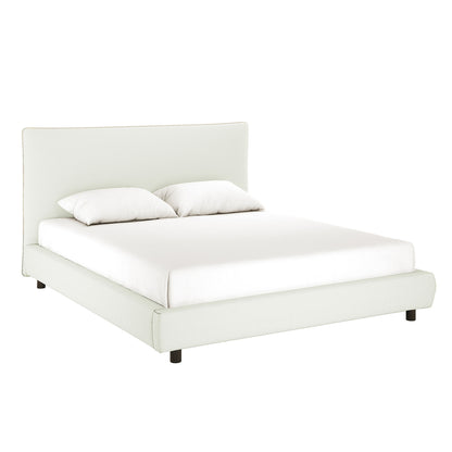 Havvan King Linen Upholstered Fabric Bed Frame - Off White, featuring a low-profile design with matching headboard, mattress, and pillows, set against a plain white background for a modern, elegant look.
