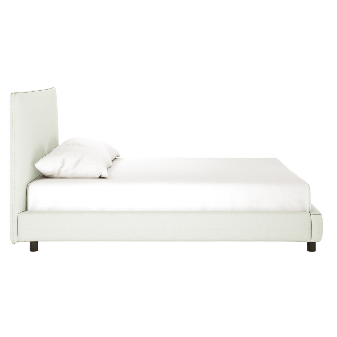 Havvan King Linen Upholstered Fabric Bed Frame - Off White, featuring a side view of a low, light frame with a tall, padded headboard, topped by a single pillow and neatly made mattress.