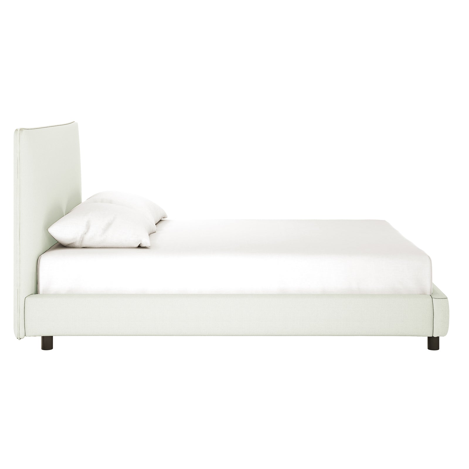 Havvan King Linen Upholstered Fabric Bed Frame - Off White, featuring a side view of a low, light frame with a tall, padded headboard, topped by a single pillow and neatly made mattress.