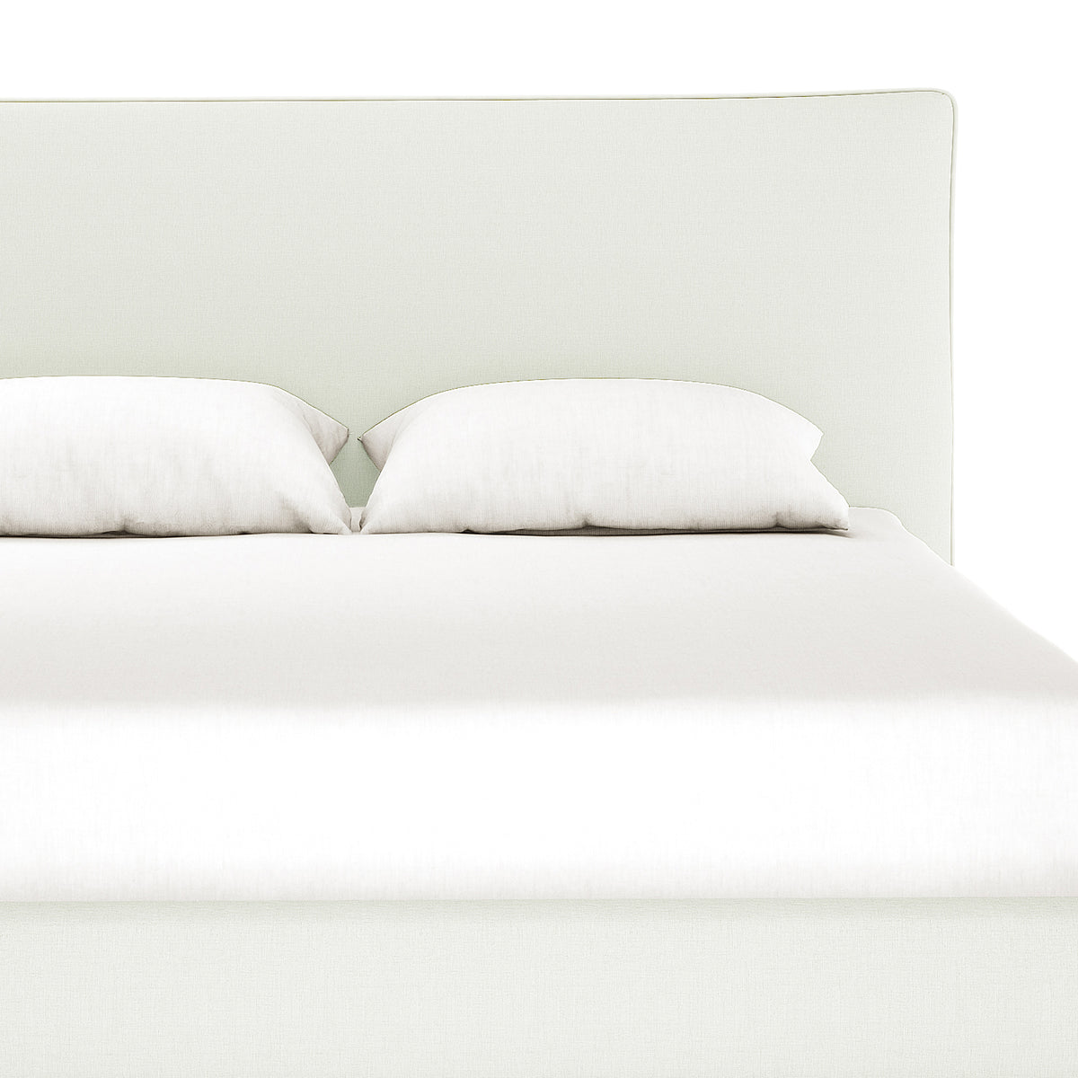 Havvan King Linen Upholstered Fabric Bed Frame - Off White, featuring a foam-padded headboard and white pillows, showcases modern elegance with its sleek upholstery and inviting bedding arrangement.