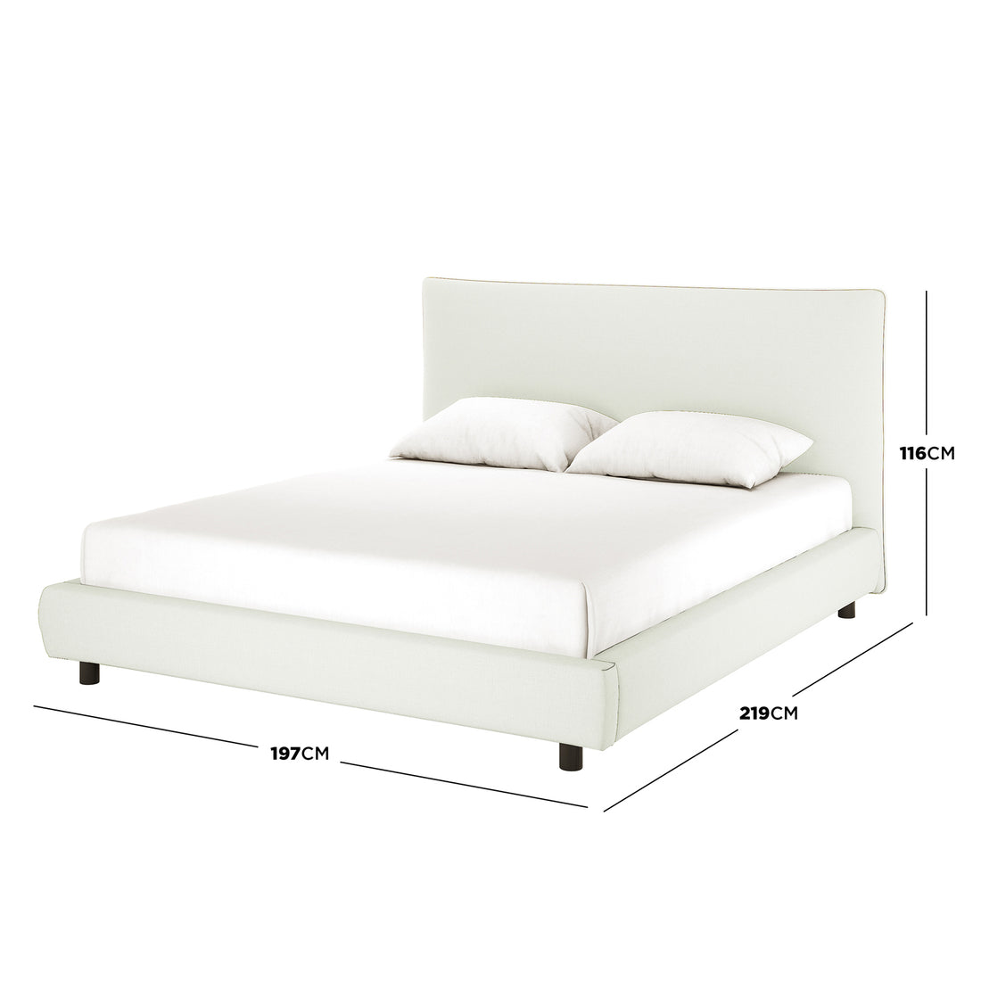 Havvan King Linen Upholstered Fabric Bed Frame - Off White with softly curved headboard, foam-padded surface, and black legs. Dimensions: 197cm width, 219cm depth, 116cm height. Luxurious and modern design.