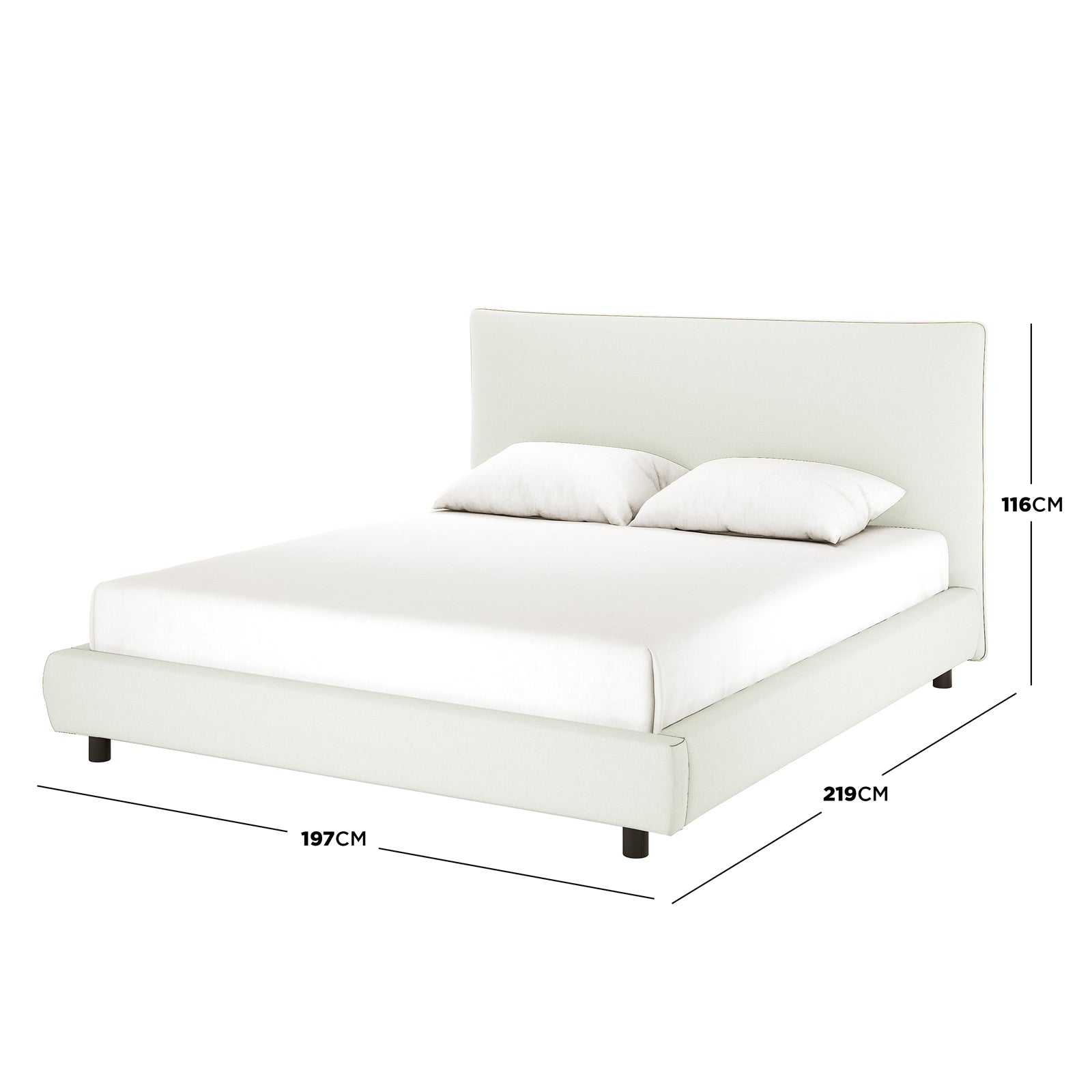 Havvan King Linen Upholstered Fabric Bed Frame - Off White with softly curved headboard, foam-padded surface, and black legs. Dimensions: 197cm width, 219cm depth, 116cm height. Luxurious and modern design.