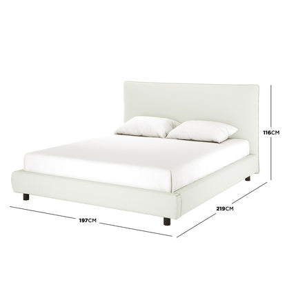 Havvan King Linen Upholstered Fabric Bed Frame - Off White with softly curved headboard, foam-padded surface, and black legs. Dimensions: 197cm width, 219cm depth, 116cm height. Luxurious and modern design.