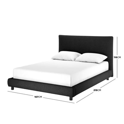 Havvan Queen Bouclé Upholstered Fabric Bed Frame - Black, featuring a low-profile design with a white mattress, two pillows, and dimension lines showing its size.