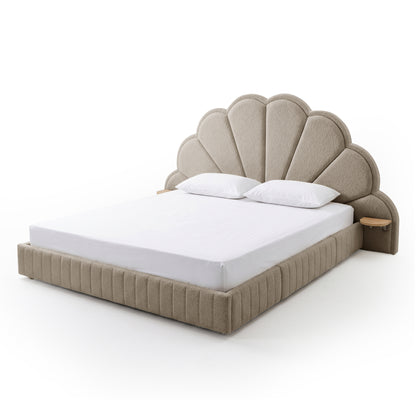 Clove King Storage Bed Base Set in Warm Beige with scalloped headboard, ribbed base, and wooden side shelves
