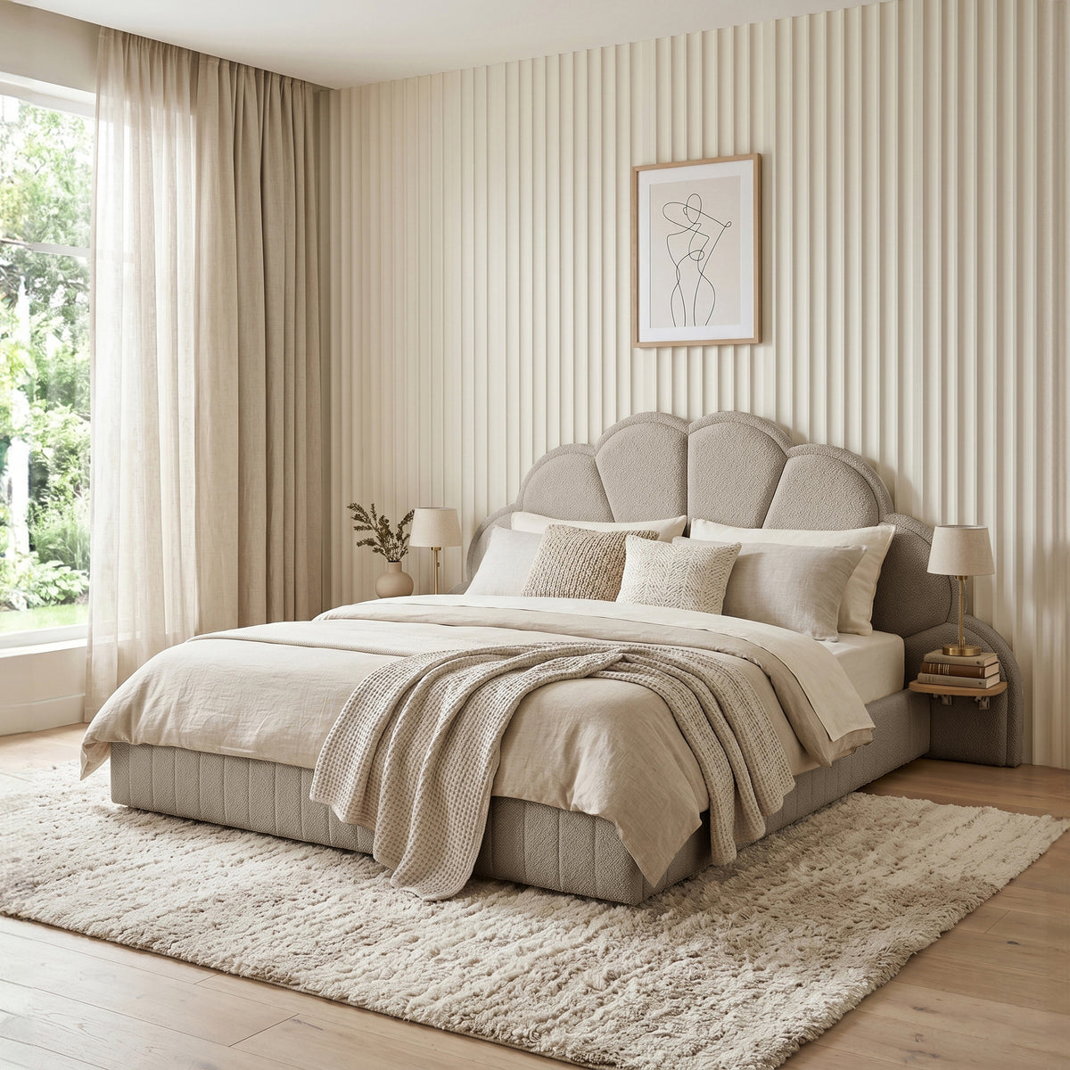 Clove King Storage Bed Base Set in Warm Beige with scalloped headboard, shown with neutral bedding on textured rug