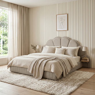 Clove King Storage Bed Base Set in Warm Beige with scalloped headboard, shown with neutral bedding on textured rug