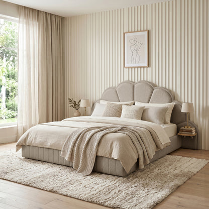 Clove King Storage Bed Base Set in Warm Beige with scalloped headboard, shown with neutral bedding on textured rug