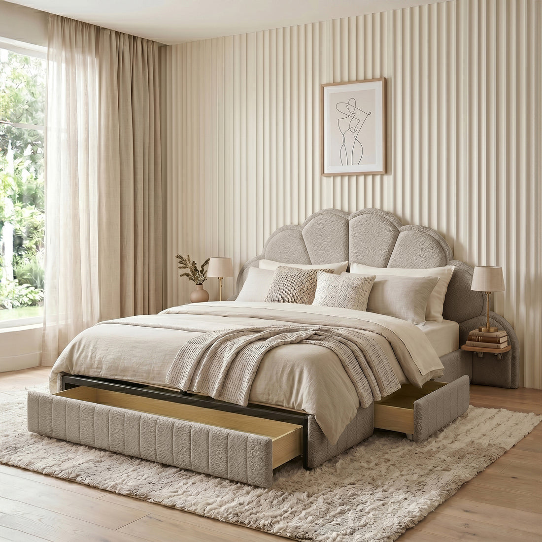 Clove King Storage Bed Base Set in Warm Beige with upholstered headboard and under-bed drawers