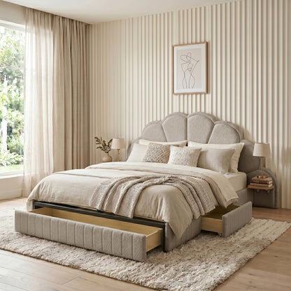 Clove King Storage Bed Base Set in Warm Beige with upholstered headboard and under-bed drawers