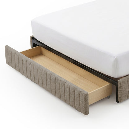 Clove King Storage Bed Base Set in Warm Beige with pull-out drawer on castors, shown with mattress