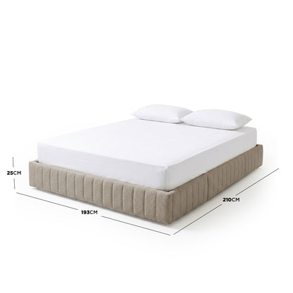 King storage bed base in warm beige with channel tufting, dimensions 193cm x 210cm x 25cm, shown with white mattress and two