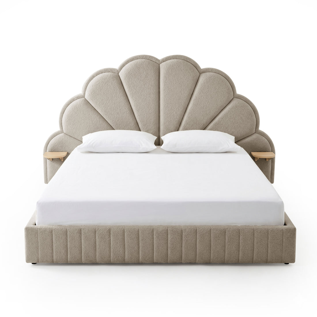 Clove King Storage Bed Base Set in Warm Beige with scalloped upholstered headboard, integrated side shelves, and ribbed