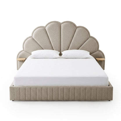 Clove King Storage Bed Base Set in Warm Beige with scalloped upholstered headboard, integrated side shelves, and ribbed